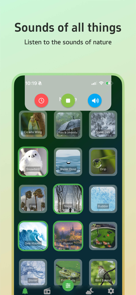 Interfaz de la aplicación Light Sleep que muestra una cuadrícula de opciones de sonidos inspirados en la naturaleza como olas del mar, lluvia y cantos de pájaros.