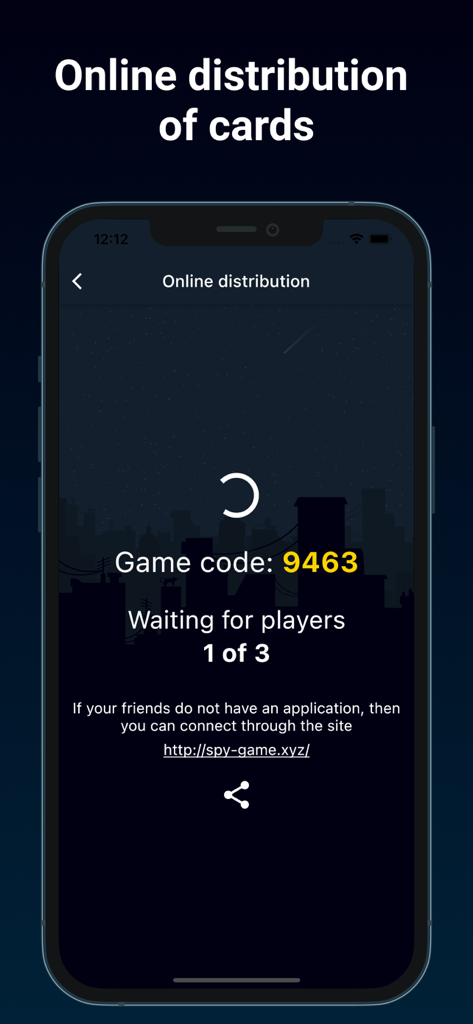 Spy - the game for a company - A mobile screen showing an online game lobby for Spy with a unique four digit join code for players