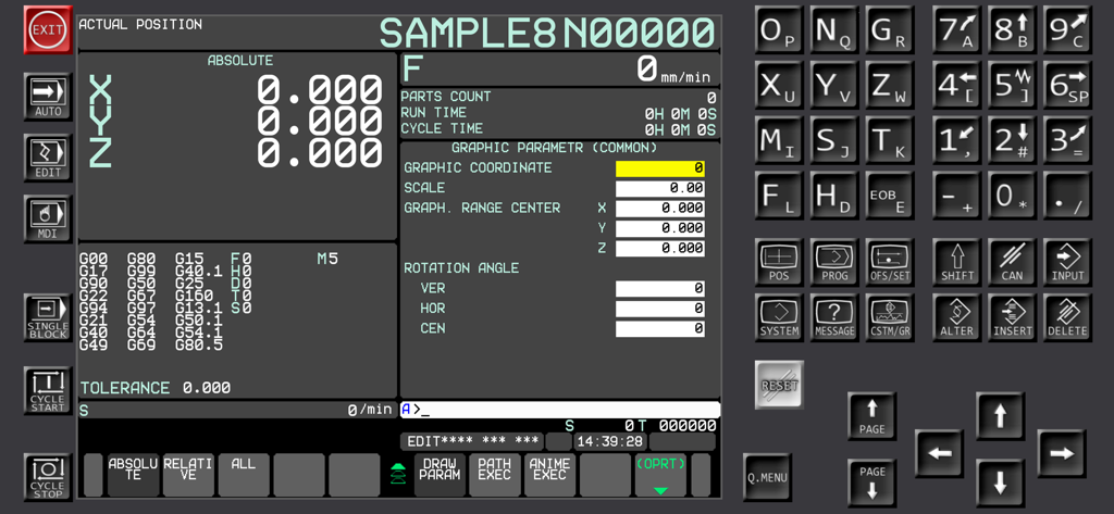 Fanuc CNC Simulator - Interface of the Fanuc CNC Simulator showing a virtual machine control panel with coordinates and keypad
