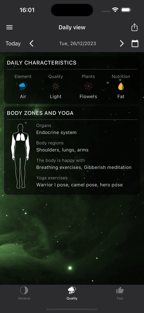 MoonWorx Lunar Calendar - Daily view of the MoonWorx app showing daily moon characteristics and holistic health recommendations