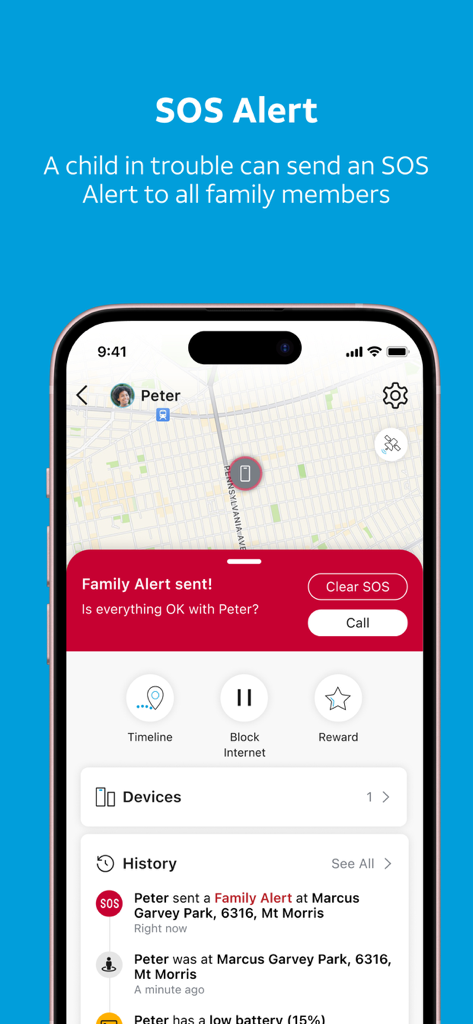 AT&T Secure Family® parent app - AT&T Secure Family app interface showing an SOS alert from a child with a real-time location map
