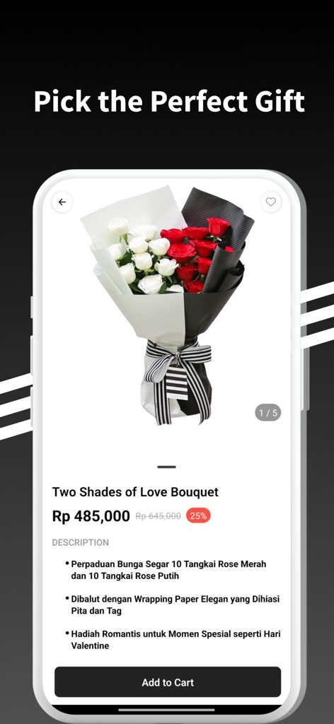 Product page for a premium red and white rose bouquet on the Outerbloom app