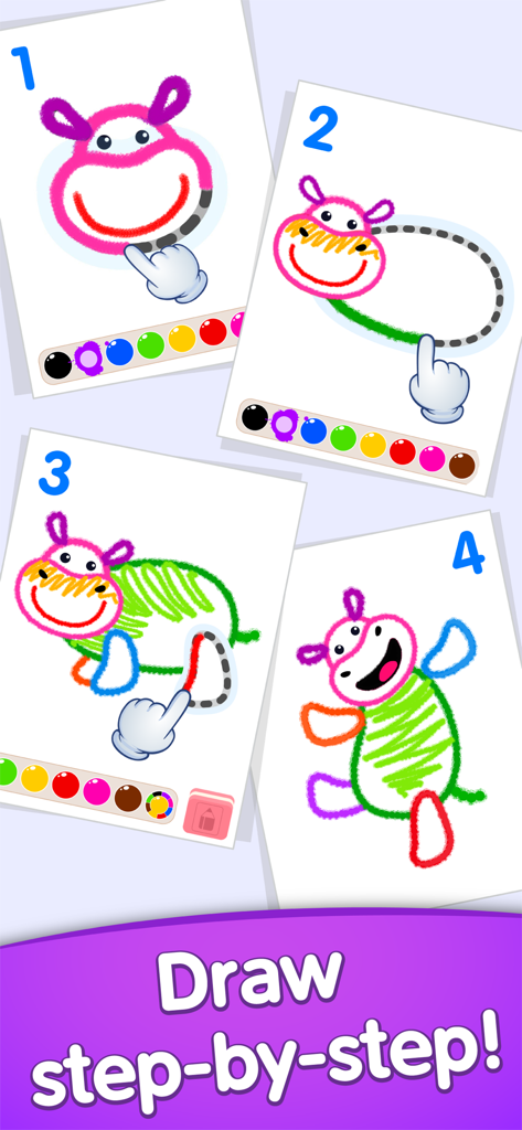 A four step guide showing how a child can draw and color a cartoon hippo character using the app