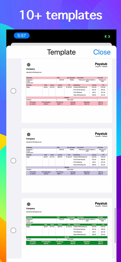 Paystub Generator - Paystub Generator app screen showing various professional paystub templates available for selection
