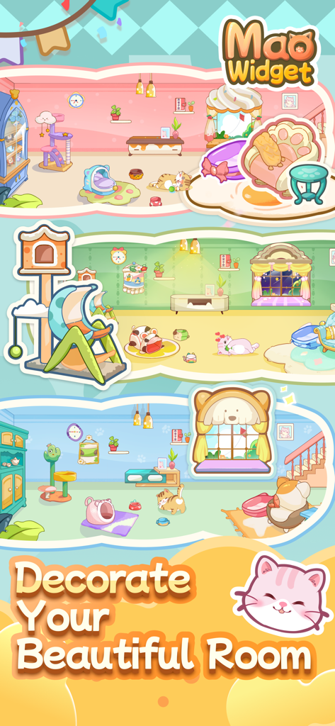 Three examples of decorated virtual cat rooms with cute furniture and accessories