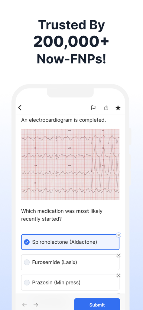 FNP Exam Mastery | Prep 2026 - FNP Exam Mastery app screenshot showing a practice question with an electrocardiogram diagram and multiple choice options.