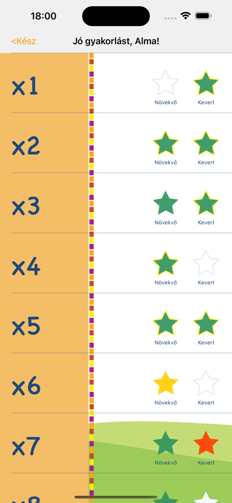 Tela de acompanhamento de progresso das tabuadas de multiplicação com conquistas de estrelas para prática em ordem crescente e mista.