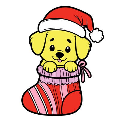 cute puppy wearing santa hat in socking