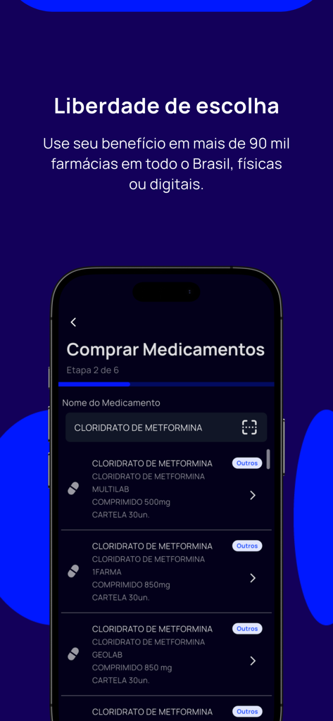 Omni Saúde App - 「選択の自由」という見出しの下に、薬局とメトホルミンの選択肢のリストが表示されているOmni Saúdeアプリの薬剤購入画面を示す携帯電話。