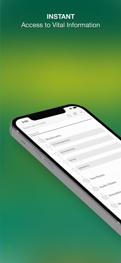 Stedman's Medical Dictionary + - Stedmans Medical Dictionary app showing the bookmarks and notes section on a smartphone