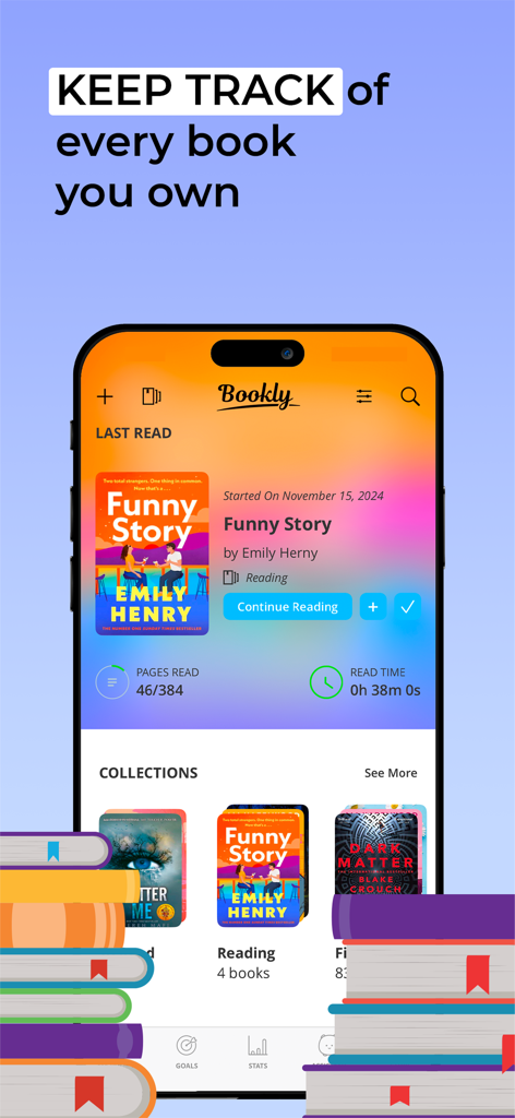 Bookly app interface showing reading progress for a book and personal library collections