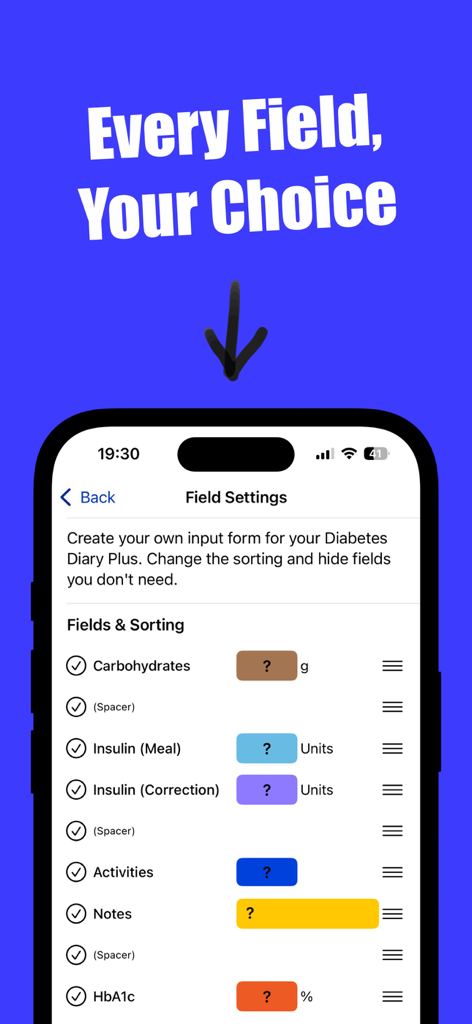 Diabetes Diary & Tracker Plus - Interface showing customizable input fields for tracking carbohydrates, insulin, and health metrics in the Diabetes Diary Plus app.
