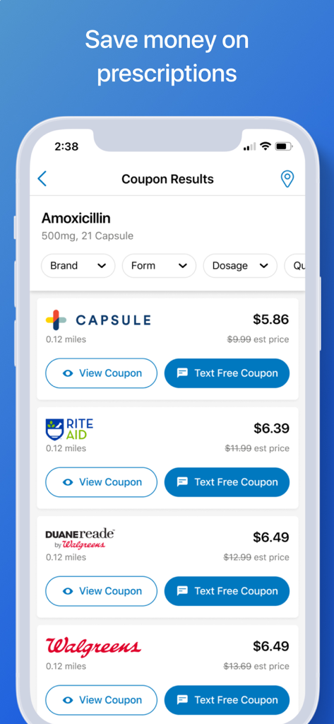 WebMD app interface showing prescription drug coupons and price comparisons for Amoxicillin at local pharmacies.