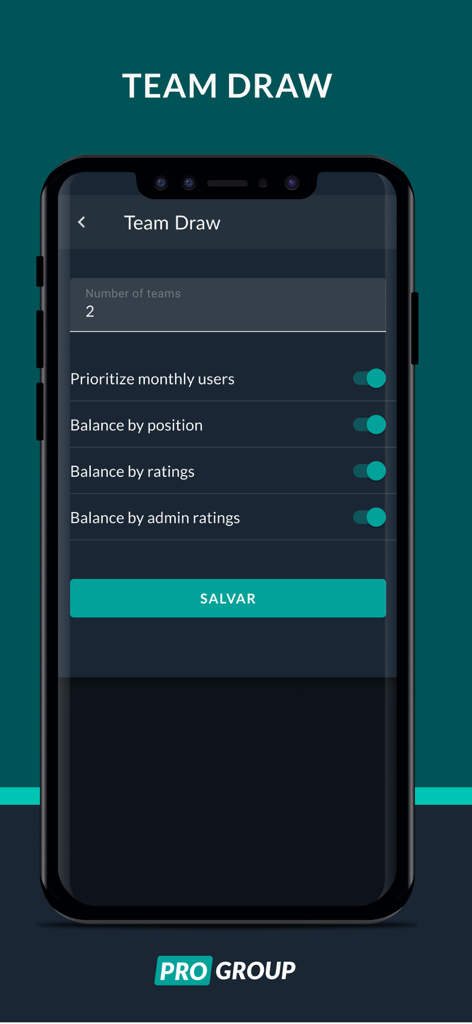 Interface of the Chega Plus app showing team draw and balancing options for pickup soccer games