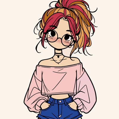 girl with a messy ponytail glasses a baggy crop top and jean shorts