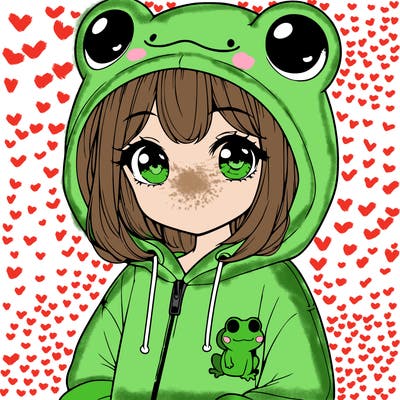 cute realistic girl in a froggy hoodie
