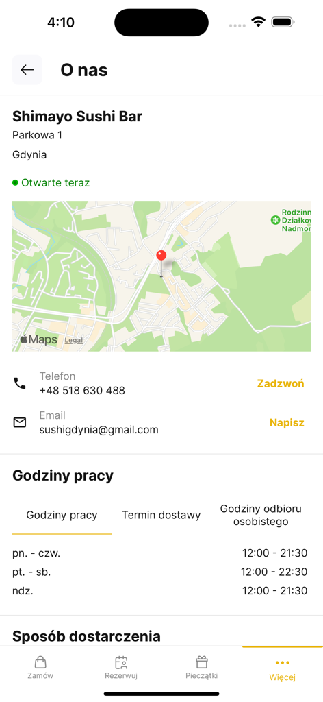 Contact information and opening hours for Shimayo Sushi Bar