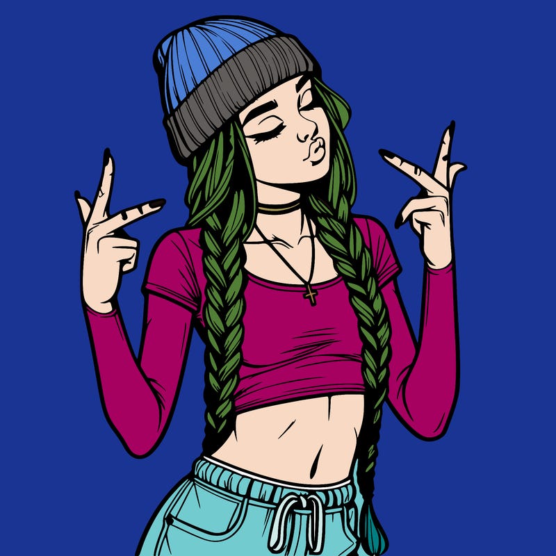 realistic teenage girl with braids and a beanie and crop top doing 🫶🏼