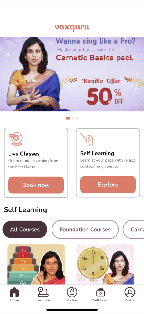 VoxGuru - VoxGuru app home screen showing live classes and self-learning vocal music courses