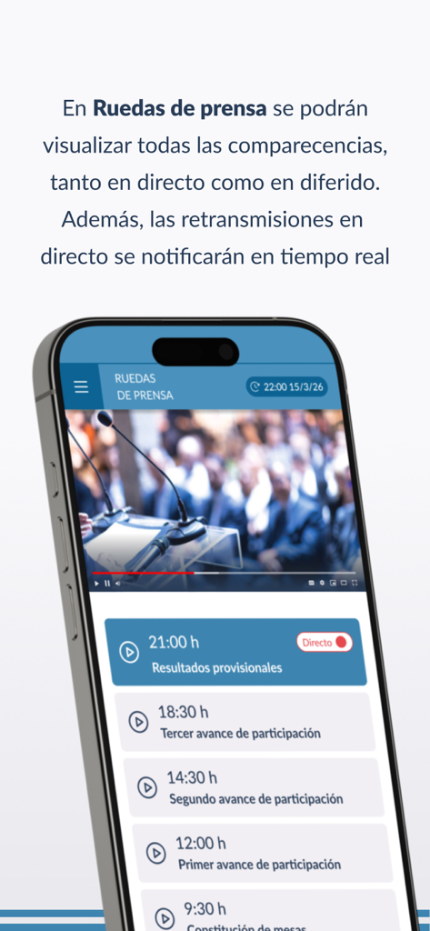 Elecciones CyL 2026 - Interfaz de la aplicación móvil que muestra conferencias de prensa electorales en vivo y archivadas con actualizaciones de participación.