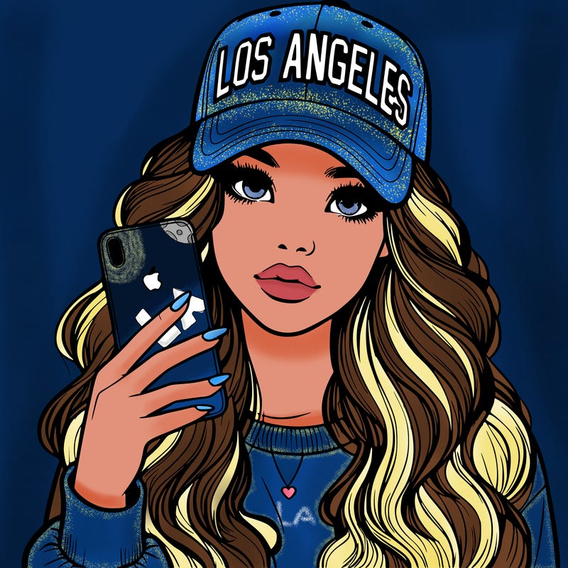 realistic beautiful girl wearing los ángeles cap holding an iphone