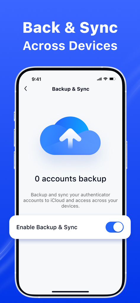 Una interfaz móvil mostrando la configuración de copia de seguridad y sincronización con un icono de nube y una opción para habilitar la sincronización de iCloud para cuentas de autenticación.