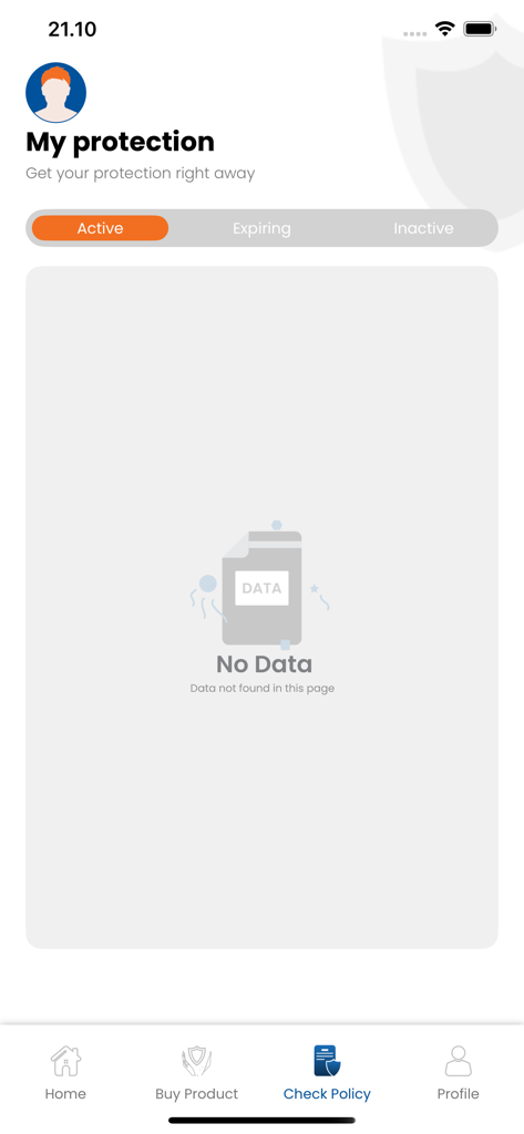 BRINS MOBILE - Interface of the BRINS MOBILE app showing the Check Policy screen with no active data
