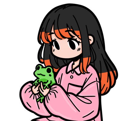 girl with long hair and a oversized shirt. and she is holding a frog