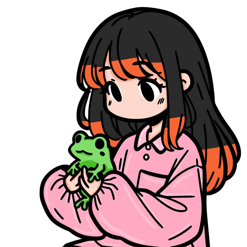 girl with long hair and a oversized shirt. and she is holding a frog