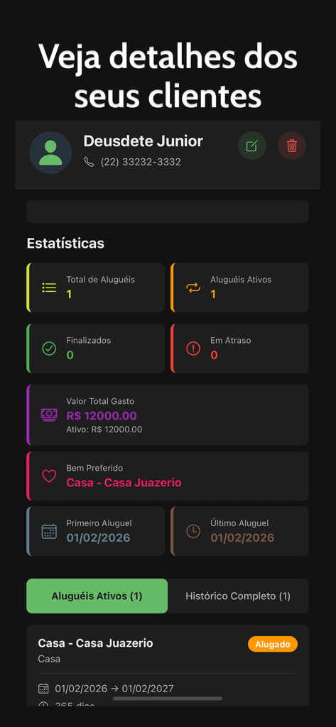 Rental Control: House, Car etc - Captura de pantalla de la aplicación Control de Alquileres que muestra los detalles del perfil del cliente, las estadísticas de alquiler y el estado del alquiler activo de una propiedad.