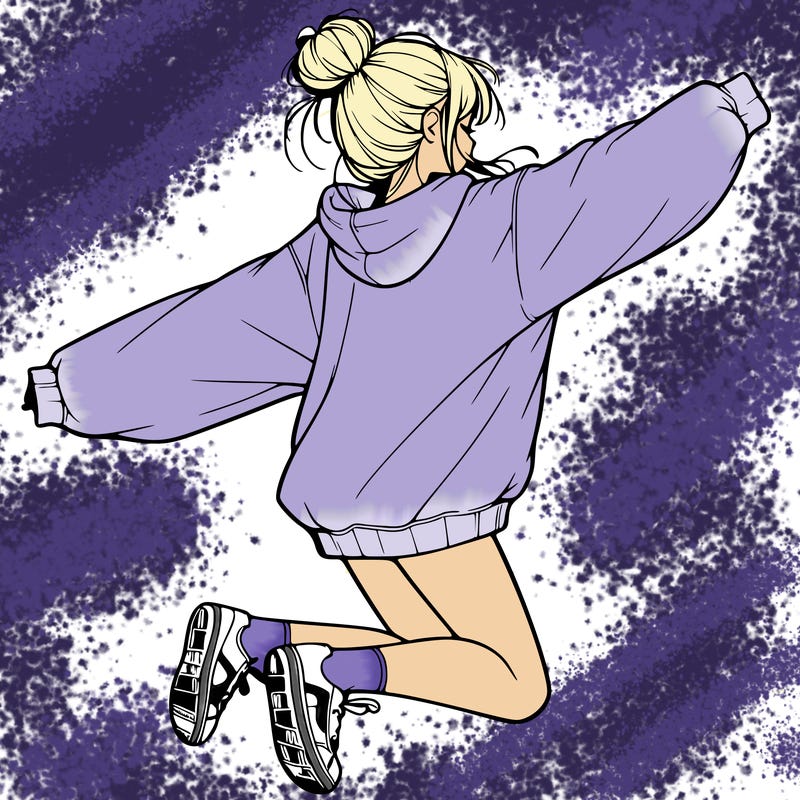 realistic girl jumping with a bun and oversized sweatshirt
