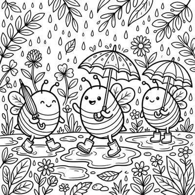 Bring smiles to a gloomy day with our delightful 'Bees Rainy Day' coloring page, designed especially for toddlers. Watch as three happy bees splash through puddles, ready for a burst of vibrant color from your little artist.