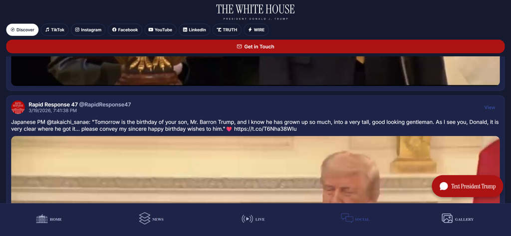 Screenshot of The White House official app showing a social media feed with buttons to contact President Trump.