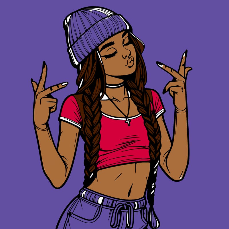 realistic teenage girl with braids and a beanie and crop top doing 🫶🏼