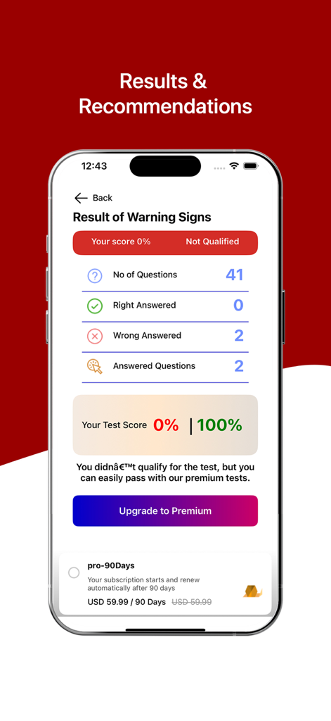 Results and recommendations screen in the Spanish Driving Licence Test app showing exam score summary and premium upgrade option.