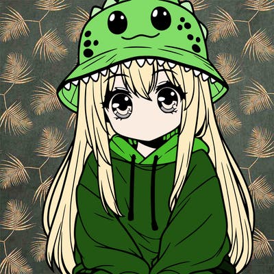 girl with anime shaped eyes with a dinosaur bucket hat oversized sweatshirt long straight hair