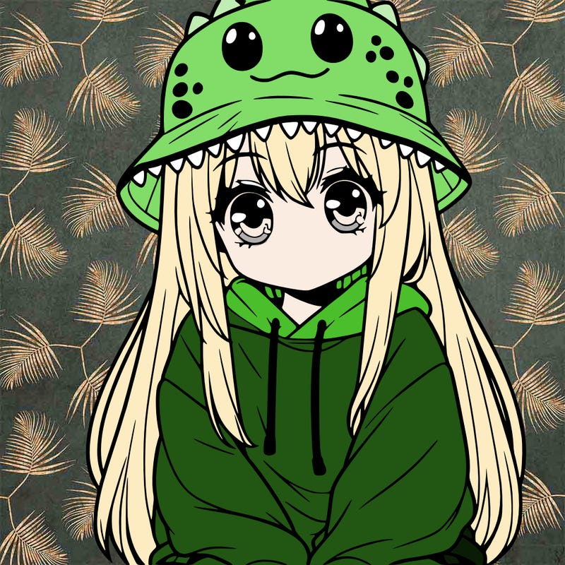 girl with anime shaped eyes with a dinosaur bucket hat oversized sweatshirt long straight hair