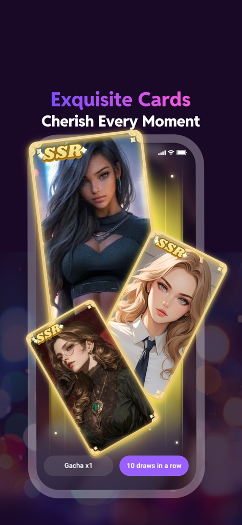 Linky AI: Chat, Play, Connect - Linky AI Mobile App-Oberfläche mit sammelbaren SSR-Charakterkarten und Gacha-Ziehungsschaltflächen