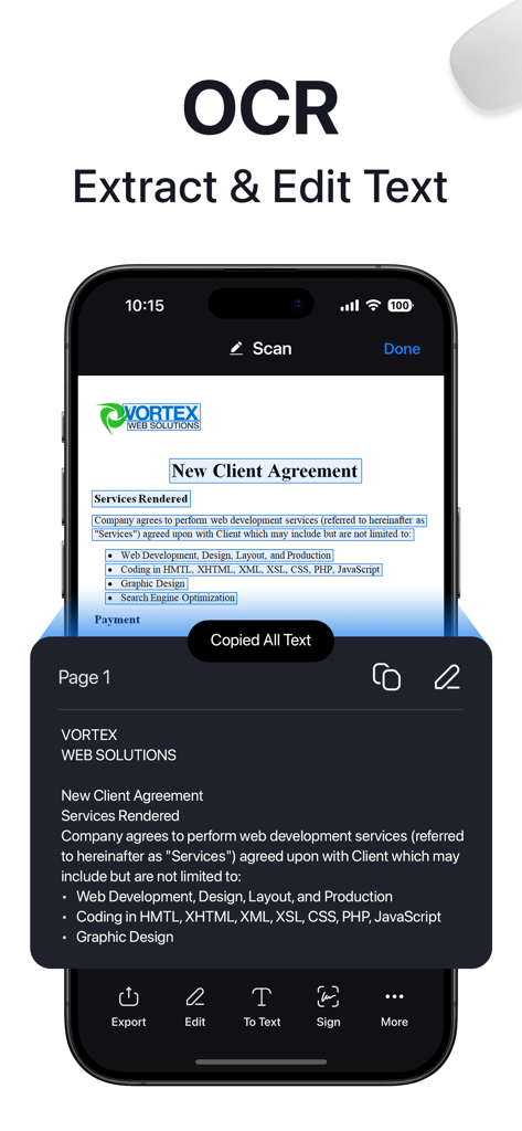クライアント契約書からOCRテキストを抽出するスマートフォン画面