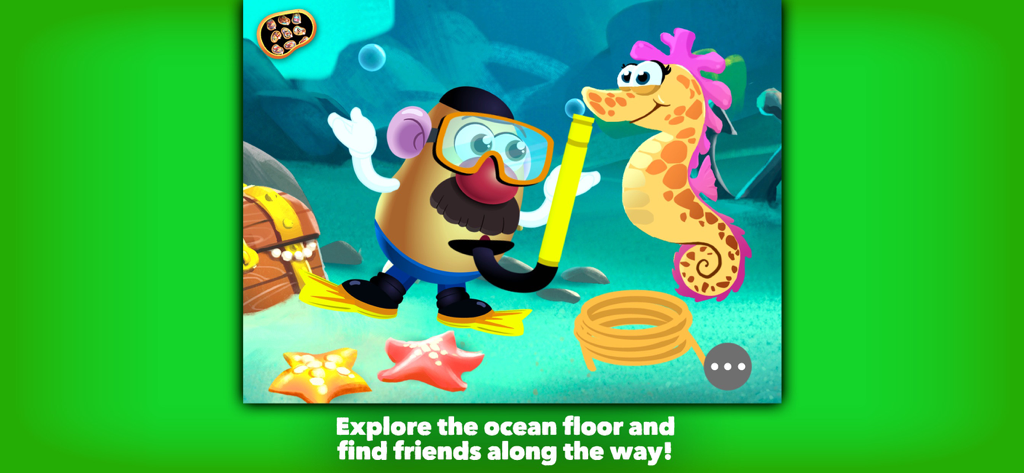 Mr. Potato Head: School Rush - Mr. Potato Head wearing snorkeling gear underwater next to a seahorse and a treasure chest