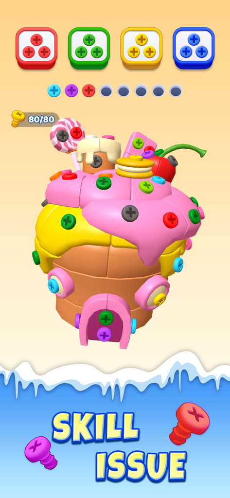 Unscrew Frenzy 3D - A colorful 3D cupcake house puzzle with various colored screws and matching sorting boxes at the top