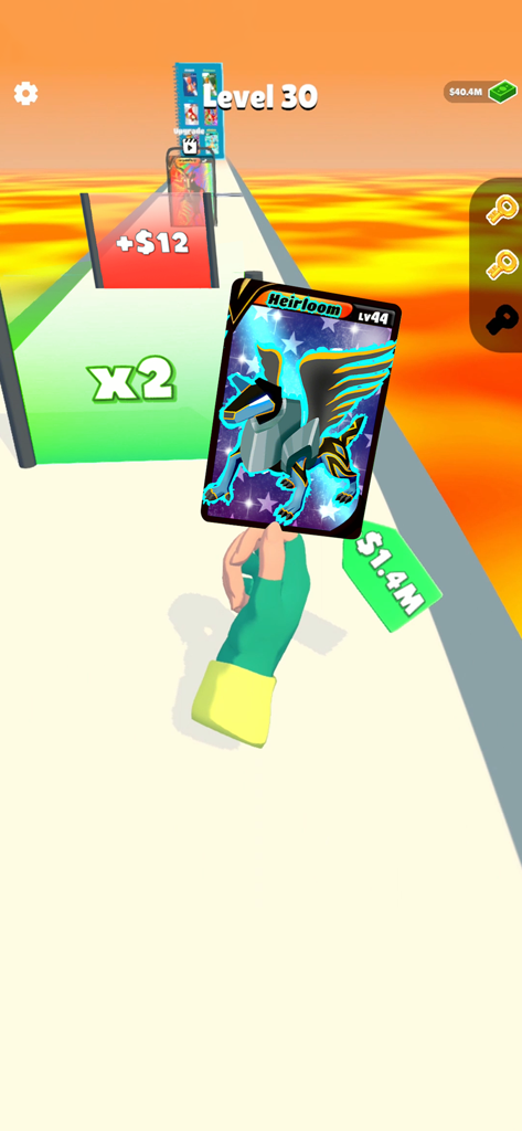 Gameplay of Card Evolution TCG showing a level 44 Heirloom monster card in a runner level