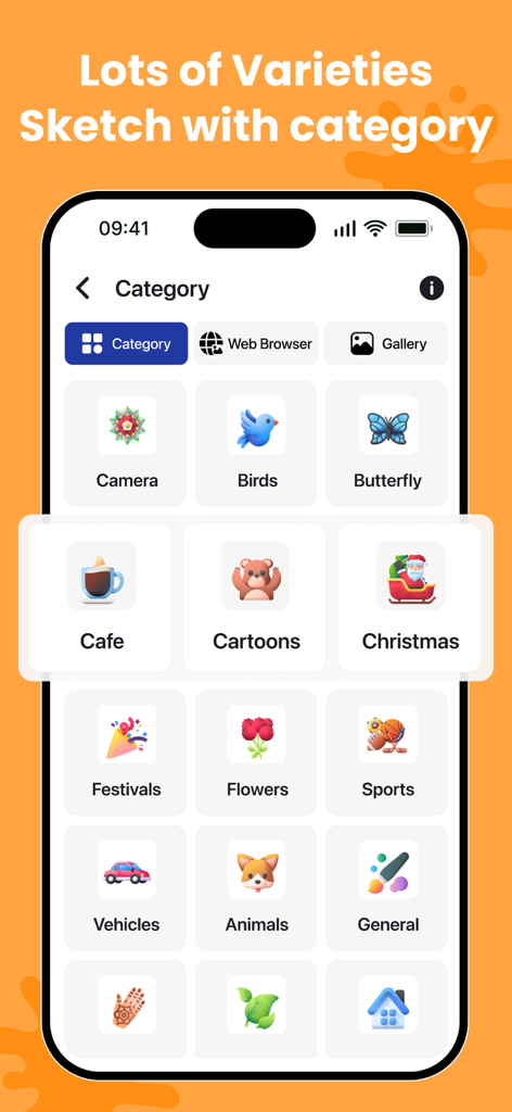 AR Drawing - Sketch Trace Draw - Interface showing various sketch categories like animals birds and cartoons for tracing