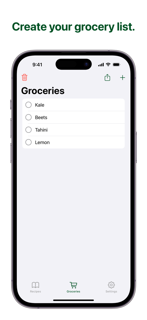 Schermata dell'iPhone che visualizza un'interfaccia pulita della lista della spesa nell'app Kale Recipe Manager