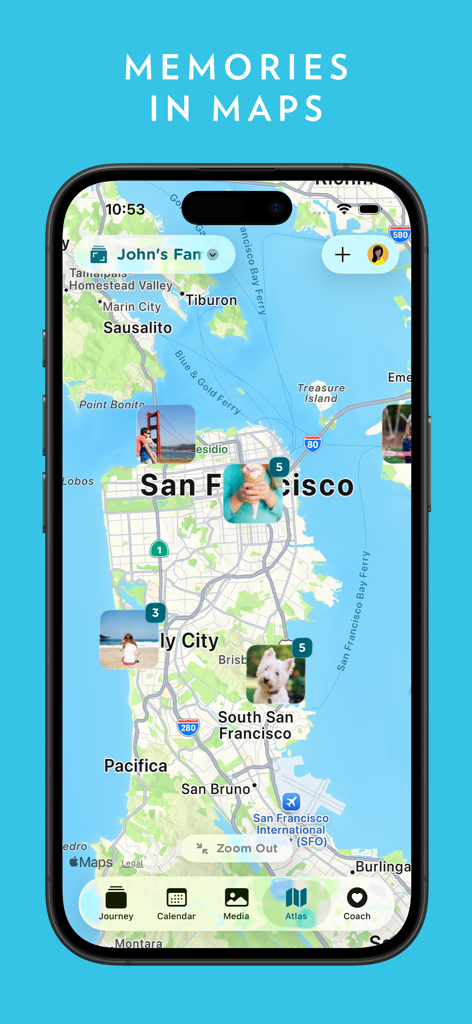 Aplicación de diario Journey mostrando recuerdos fotográficos en un mapa de San Francisco