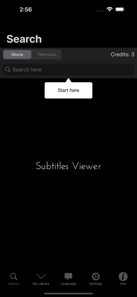 Subtitles Viewer! - The search interface of the Subtitles Viewer app showing options to search for movie and television subtitles