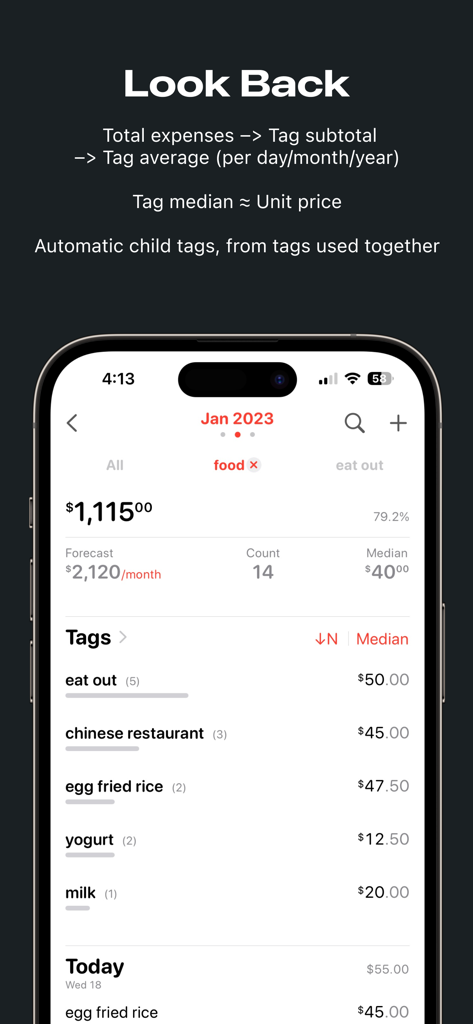 Money Zen: Expense Tracker - Financial analysis screen in Money Zen showing expense totals and subtotals by tag