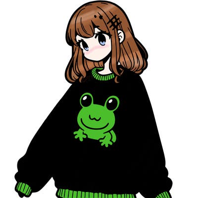 girl wearing frogging sweatshirt