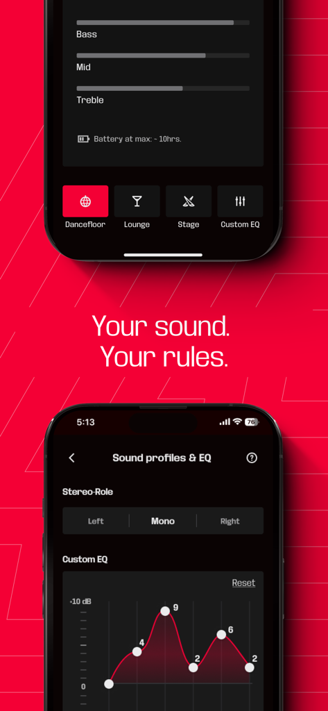 SOUNDBOKS - Interface of the SOUNDBOKS app showing sound profiles and custom equalizer settings.