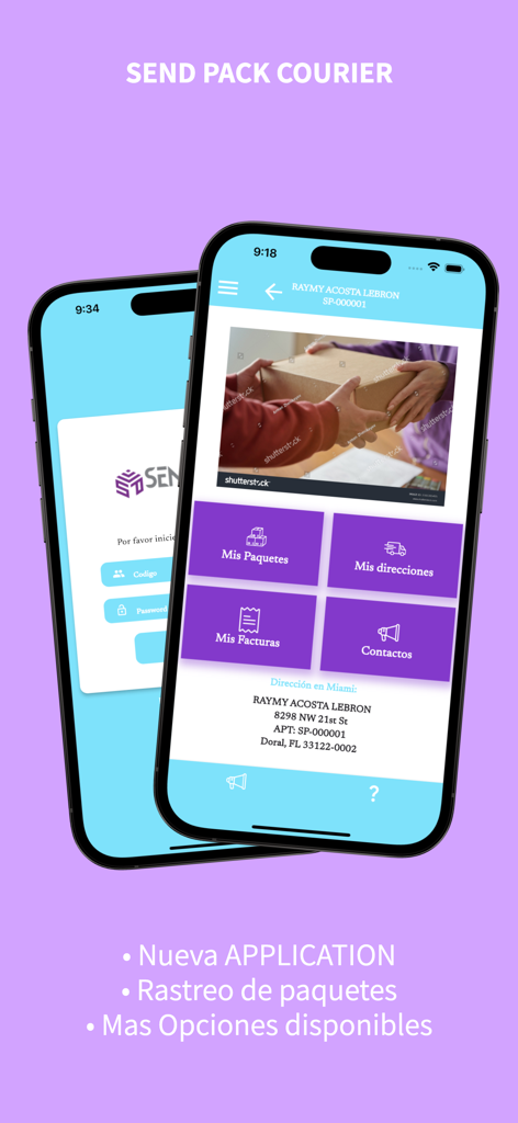 Sendpack Courier - Interface of the Sendpack Courier mobile app on an iPhone showing package tracking, addresses, and invoice management features
